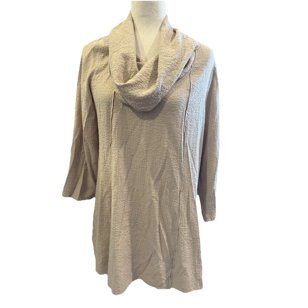 Ali Miles Tunic Top Cowl Neck Beige Lagenlook Boho Stretch Textured Medium‎